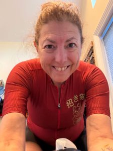 Hilary on a bike trainer